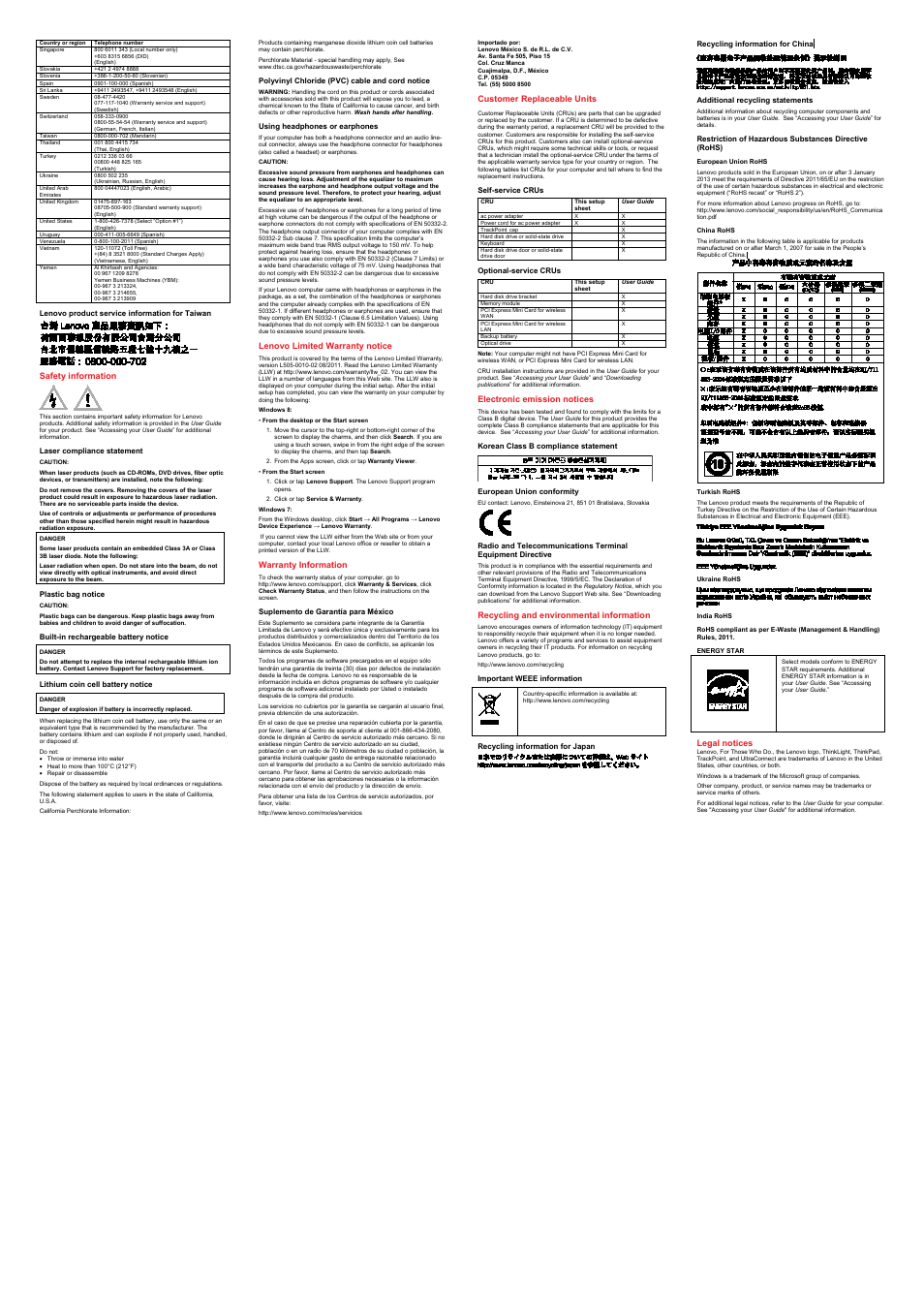 Lenovo product service information for taiwan, Safety information, Laser compliance statement | Caution, Plastic bag notice, Built-in rechargeable battery notice, Lithium coin cell battery notice, Polyvinyl chloride (pvc) cable and cord notice, Using headphones or earphones, Lenovo limited warranty notice | Lenovo ThinkPad S430 User Manual | Page 2 / 2