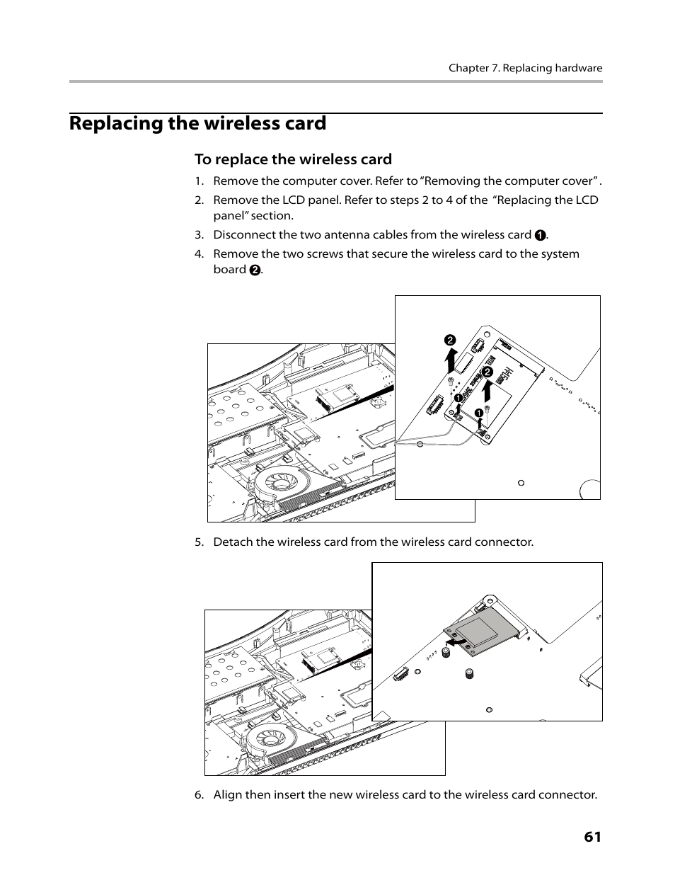 Replacing the wireless card | Lenovo C315 All-In-One User Manual | Page 64 / 78