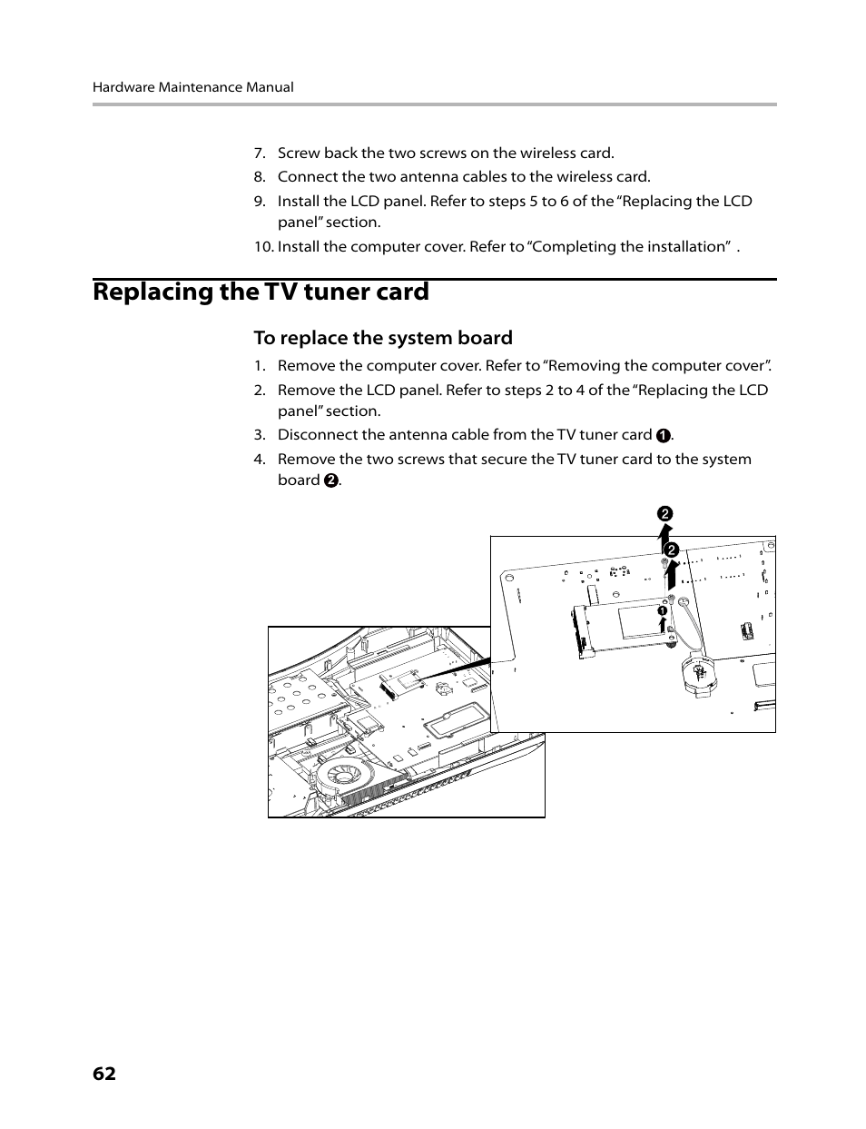 Replacing the tv tuner card | Lenovo C315 All-In-One User Manual | Page 65 / 78