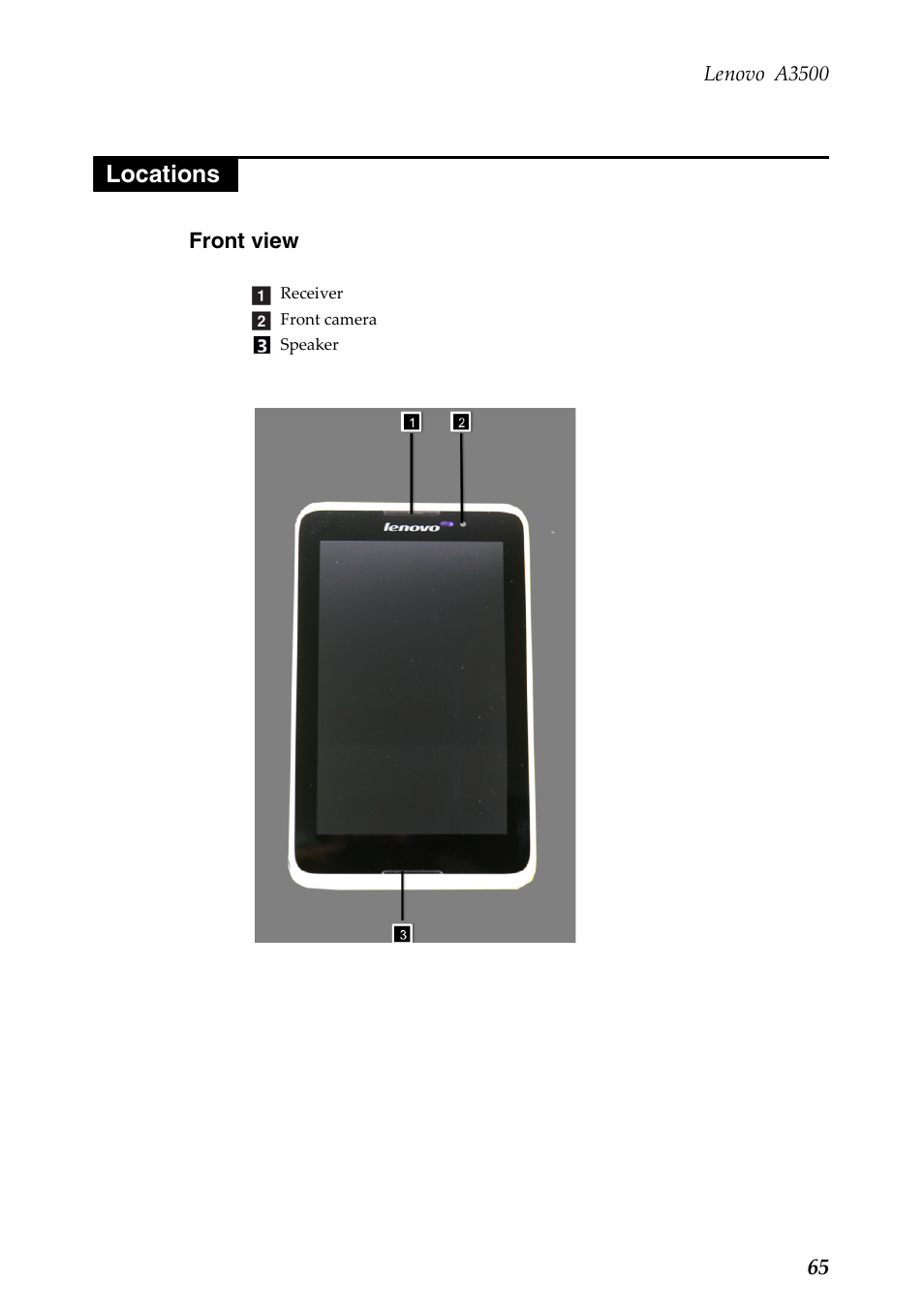 Locations, Front view, Lenovo a3500 | Lenovo A7-50 Tablet User Manual | Page 69 / 75