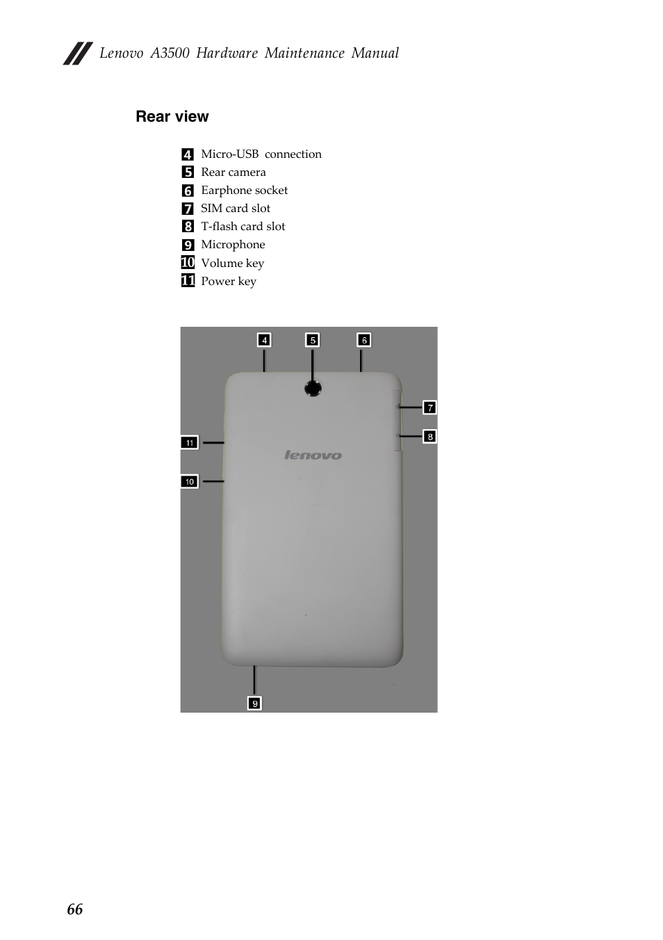 Rear view, Lenovo a3500 hardware maintenance manual, 66 rear view | Lenovo A7-50 Tablet User Manual | Page 70 / 75