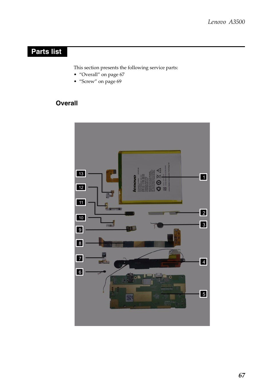 Parts list, Overall | Lenovo A7-50 Tablet User Manual | Page 71 / 75