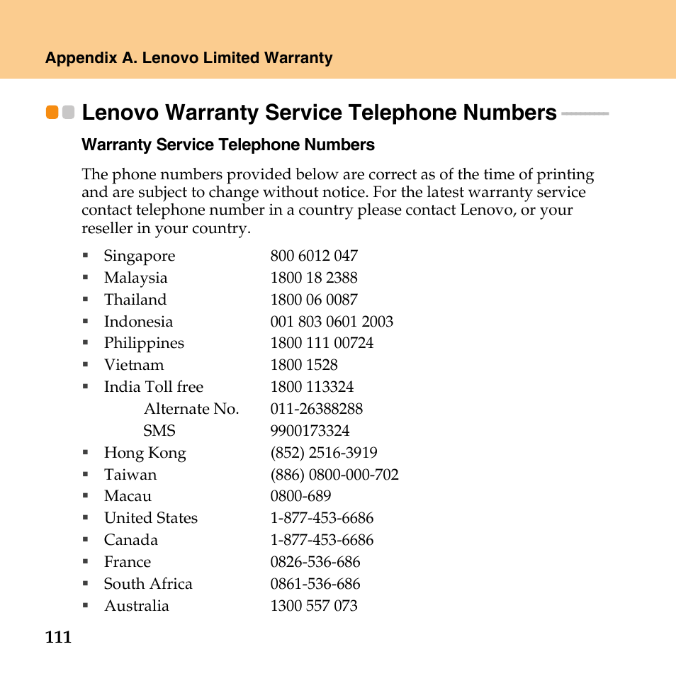 Lenovo warranty service telephone numbers, Lenovo warranty service, Telephone numbers | You, see | Lenovo IdeaPad Y430 User Manual | Page 120 / 150