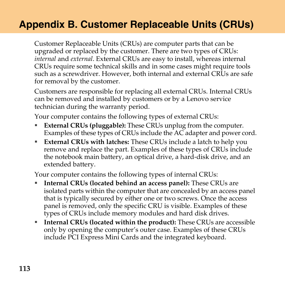 Appendix b. customer replaceable units (crus) | Lenovo IdeaPad Y430 User Manual | Page 122 / 150