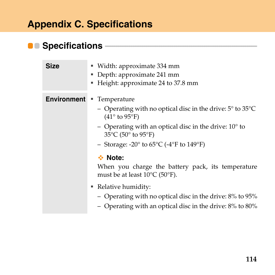 Appendix c. specifications, Specifications | Lenovo IdeaPad Y430 User Manual | Page 123 / 150