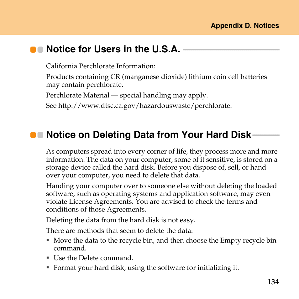 Notice for users in the u.s.a, Notice on deleting data from your hard disk, Notice for users in | The u.s.a, Notice on deleting data, From your hard disk | Lenovo IdeaPad Y430 User Manual | Page 143 / 150