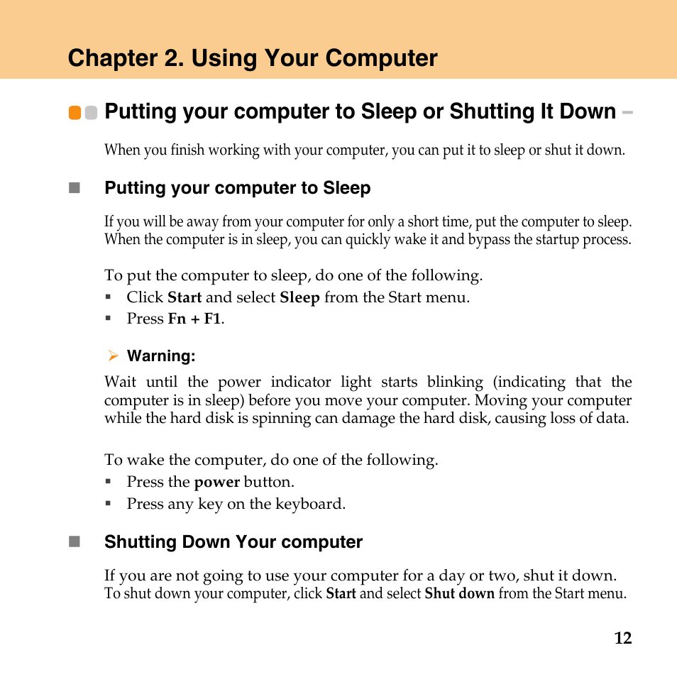 Chapter 2. using your computer, Putting your computer to sleep or shutting it down, Putting your computer to | Sleep or shutting it down | Lenovo IdeaPad Y430 User Manual | Page 21 / 150