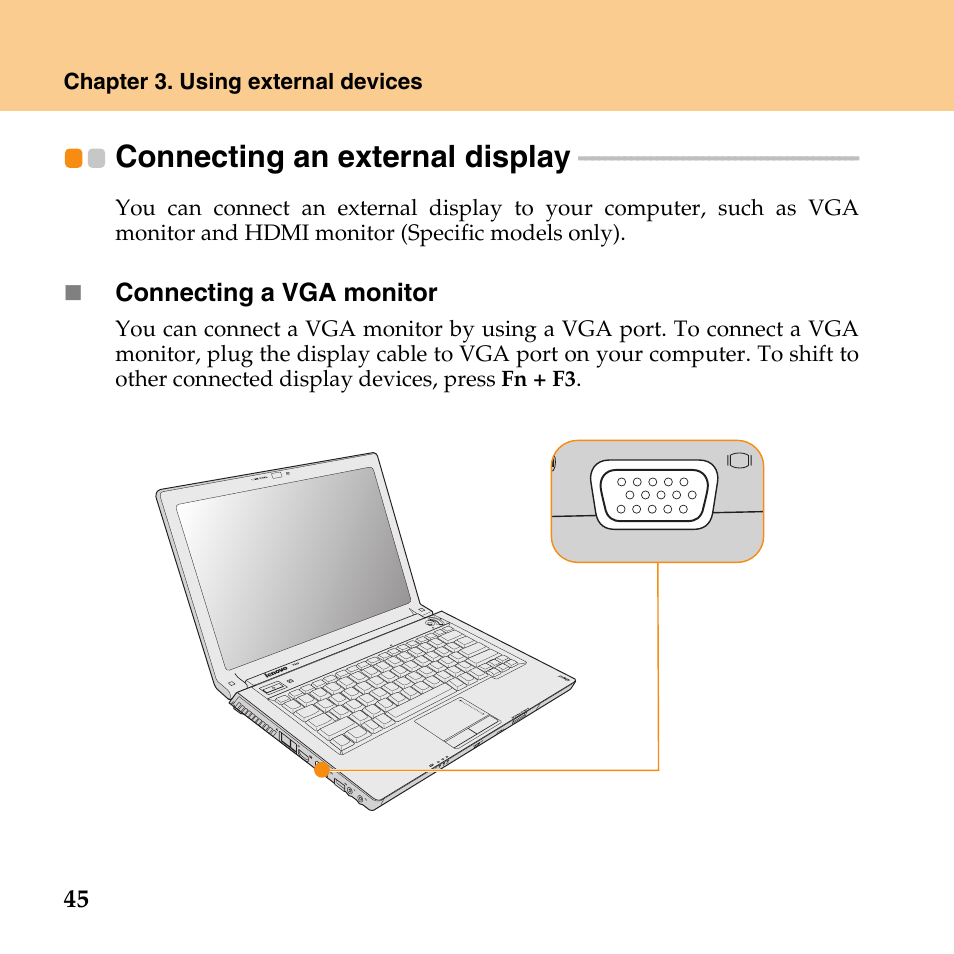 Connecting an external display, Connecting an external, Display | Lenovo IdeaPad Y430 User Manual | Page 54 / 150