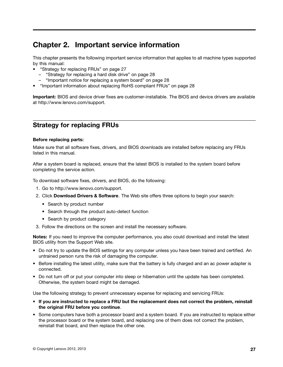 Chapter 2. important service information, Strategy for replacing frus | Lenovo B490 Notebook User Manual | Page 33 / 104