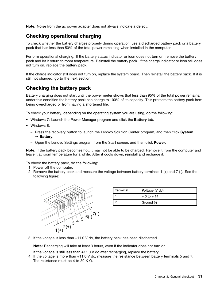 Checking operational charging, Checking the battery pack | Lenovo B490 Notebook User Manual | Page 37 / 104
