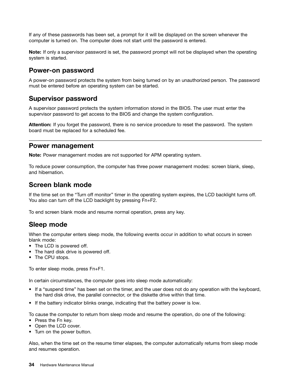 Power-on password, Supervisor password, Power management | Screen blank mode, Sleep mode | Lenovo B490 Notebook User Manual | Page 40 / 104