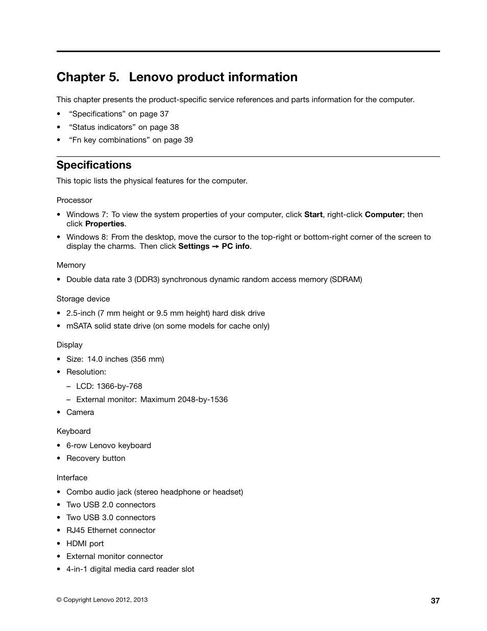 Chapter 5. lenovo product information, Specifications | Lenovo B490 Notebook User Manual | Page 43 / 104