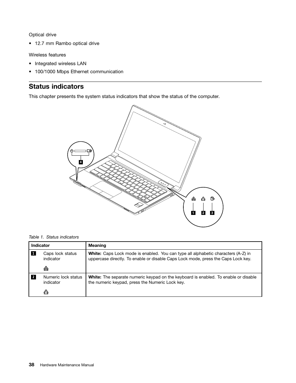 Status indicators | Lenovo B490 Notebook User Manual | Page 44 / 104