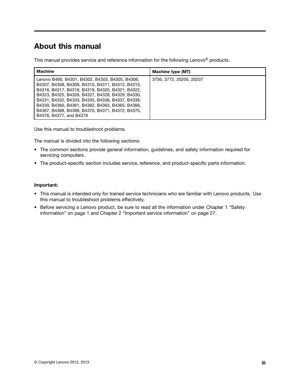 About this manual | Lenovo B490 Notebook User Manual | Page 5 / 104
