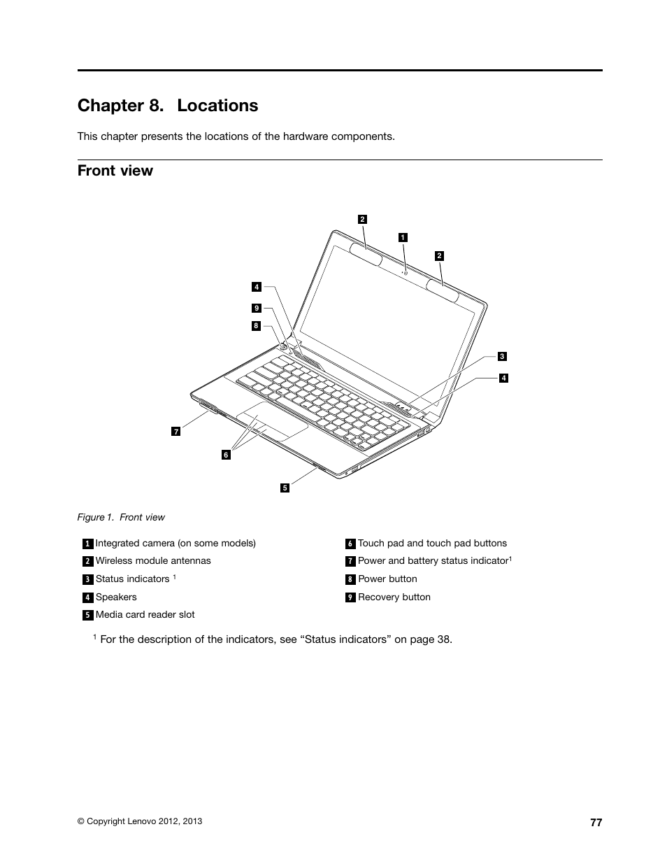 Chapter 8. locations, Front view | Lenovo B490 Notebook User Manual | Page 83 / 104