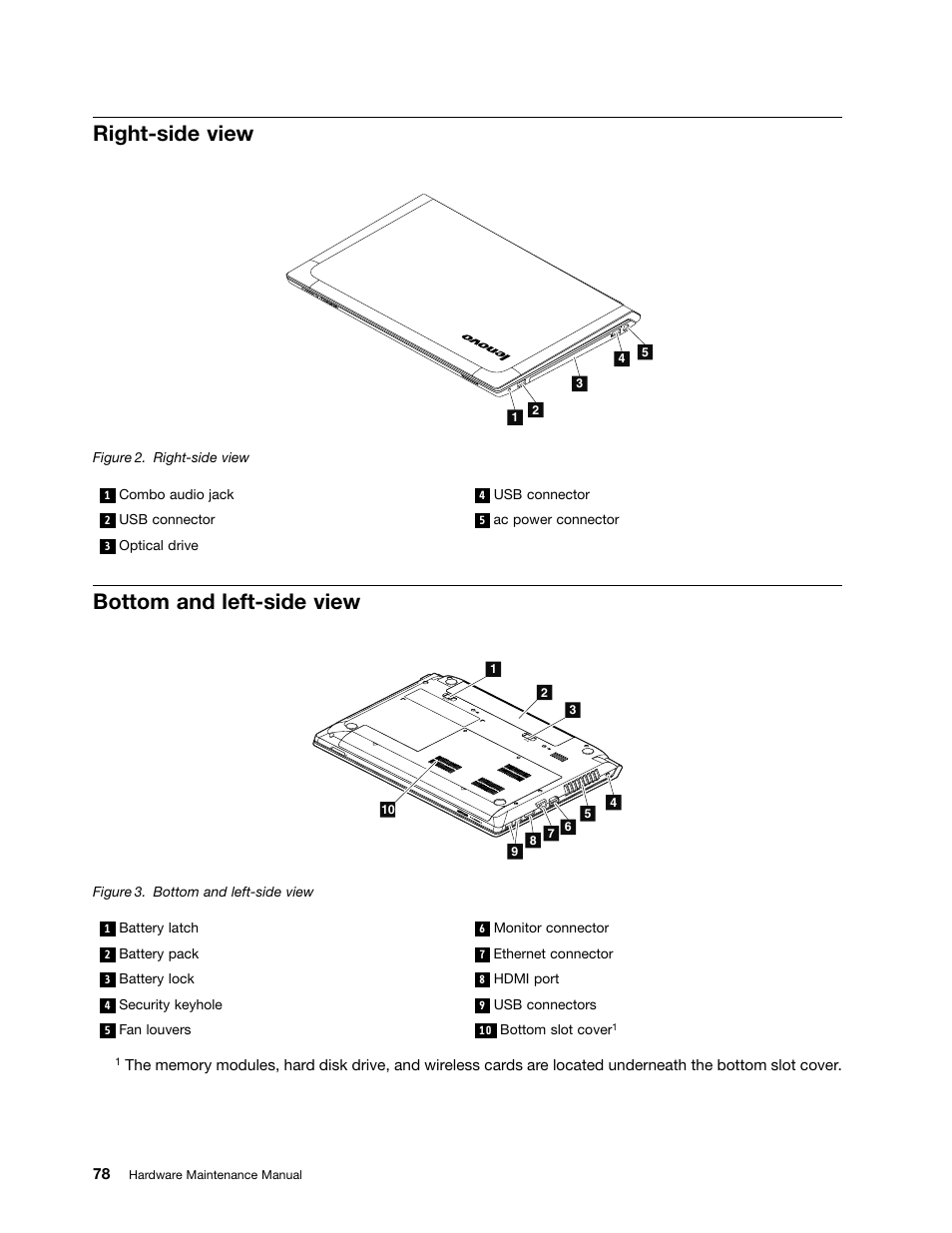 Right-side view, Bottom and left-side view | Lenovo B490 Notebook User Manual | Page 84 / 104