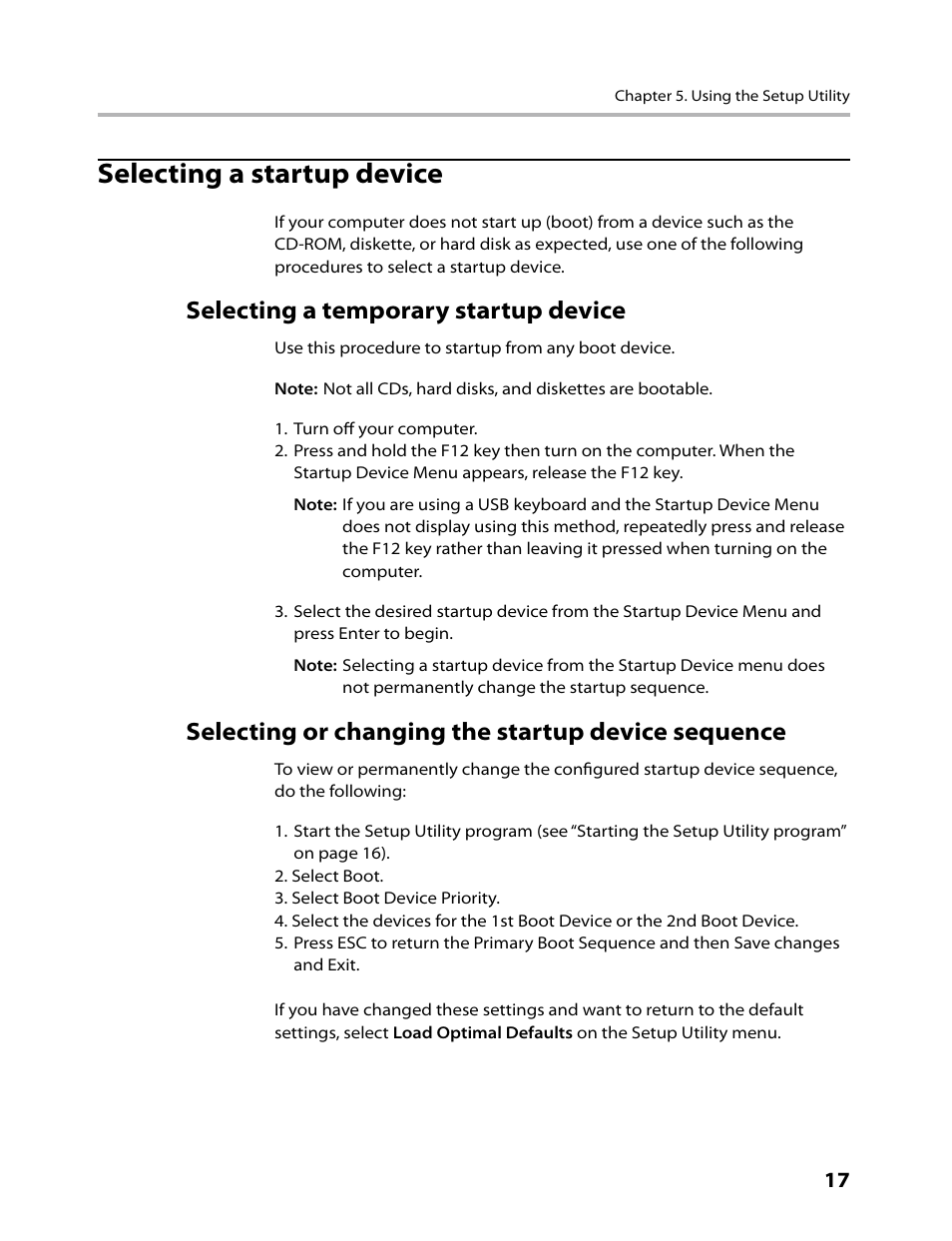 Selecting a startup device, Selecting a temporary startup device, Selecting or changing the startup device sequence | Lenovo IdeaCentre Q110 User Manual | Page 19 / 42