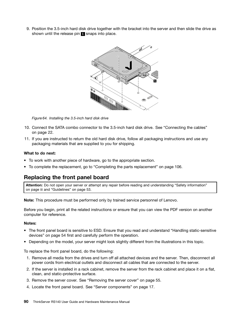 Replacing the front panel board | Lenovo ThinkServer RS140 User Manual | Page 102 / 146