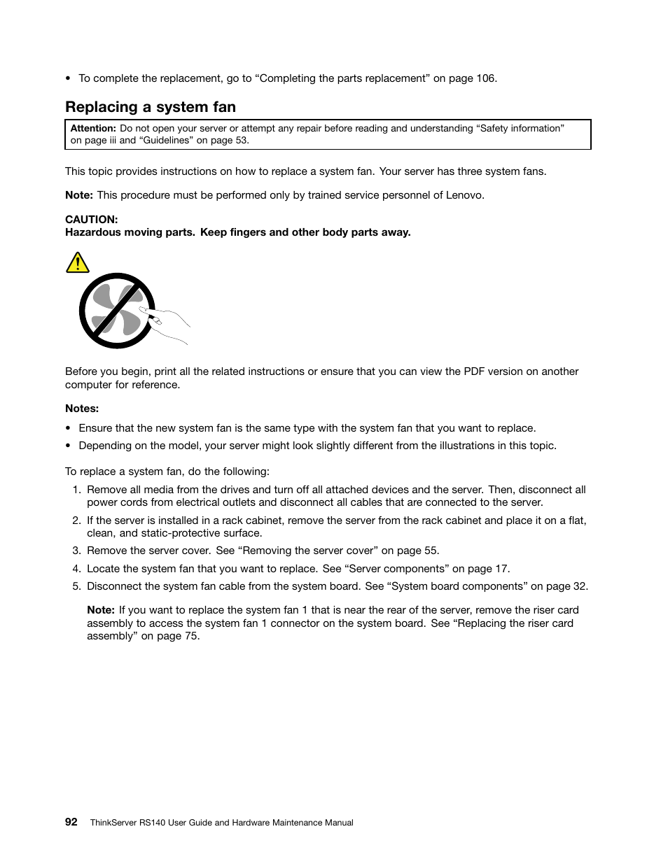 Replacing a system fan | Lenovo ThinkServer RS140 User Manual | Page 104 / 146