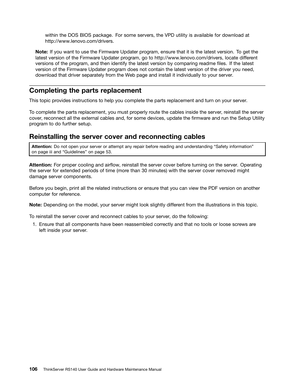 Completing the parts replacement, Reinstalling the server cover and reconnecting | Lenovo ThinkServer RS140 User Manual | Page 118 / 146