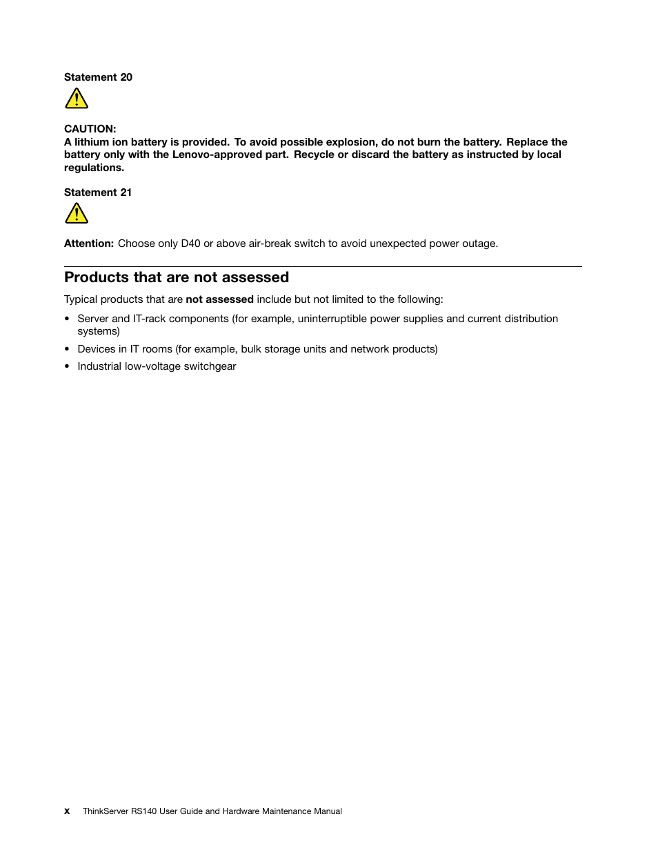 Products that are not assessed | Lenovo ThinkServer RS140 User Manual | Page 12 / 146