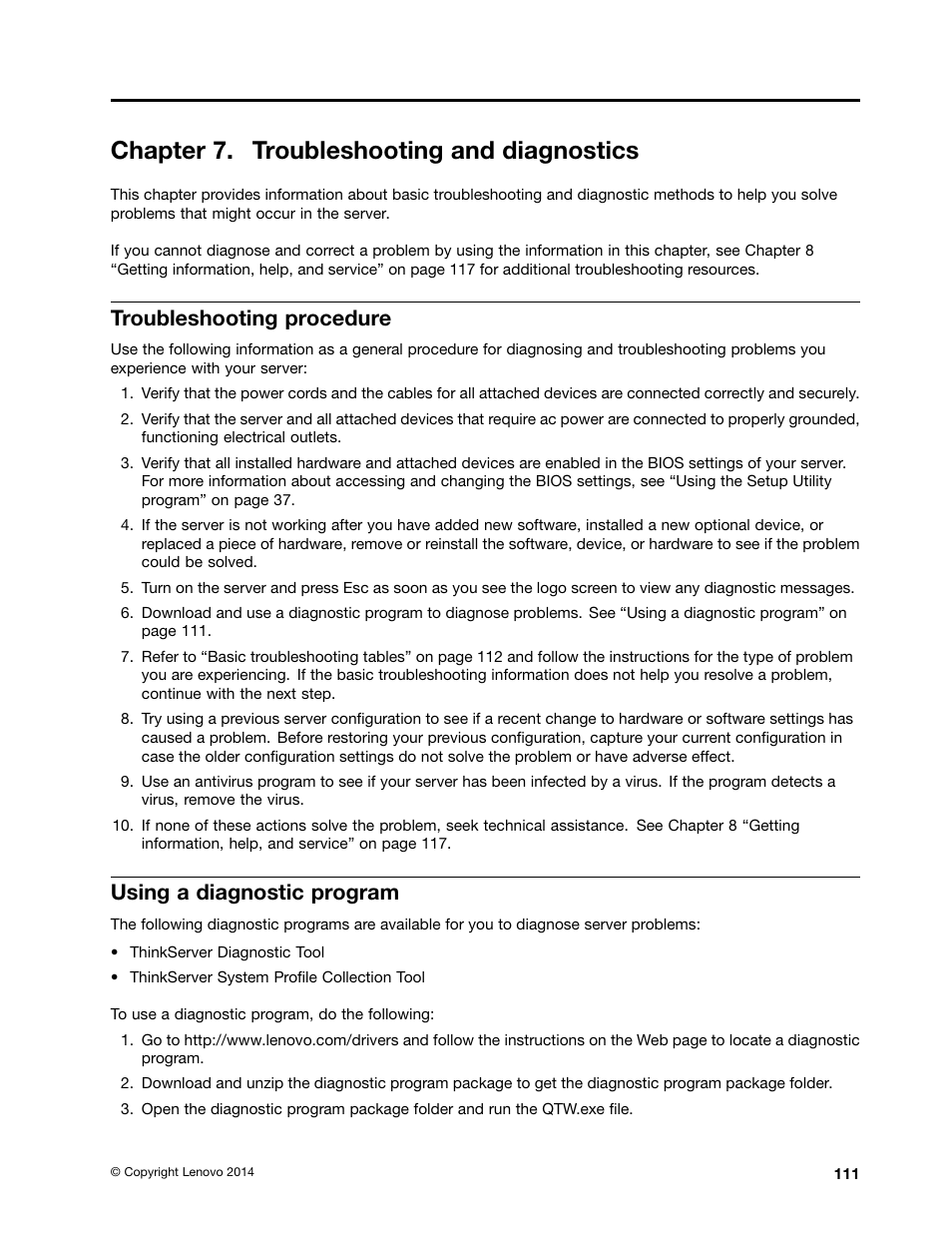 Chapter 7. troubleshooting and diagnostics, Troubleshooting procedure, Using a diagnostic program | Lenovo ThinkServer RS140 User Manual | Page 123 / 146