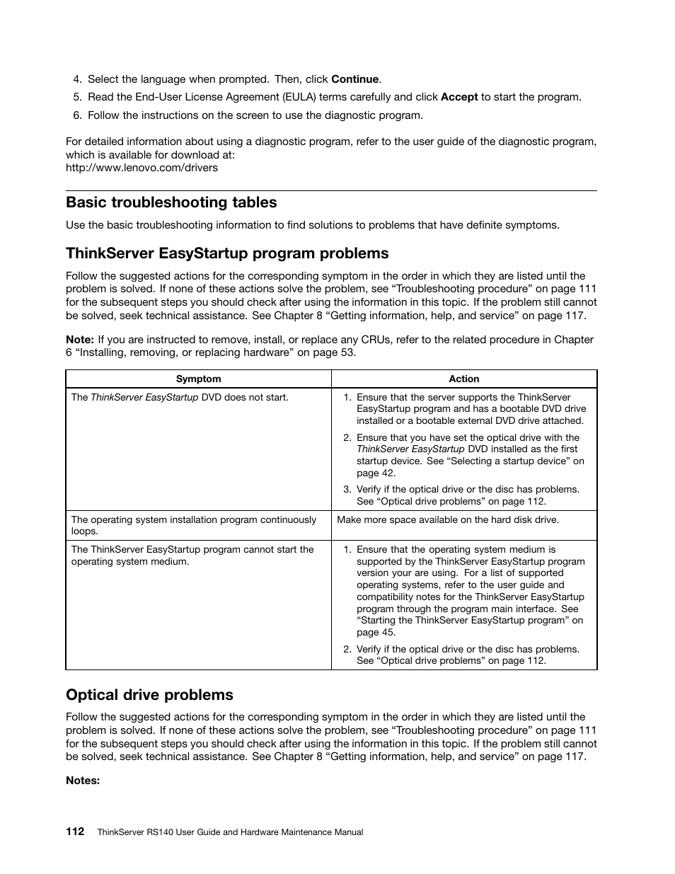 Basic troubleshooting tables, Thinkserver easystartup program problems, Optical drive problems | Lenovo ThinkServer RS140 User Manual | Page 124 / 146