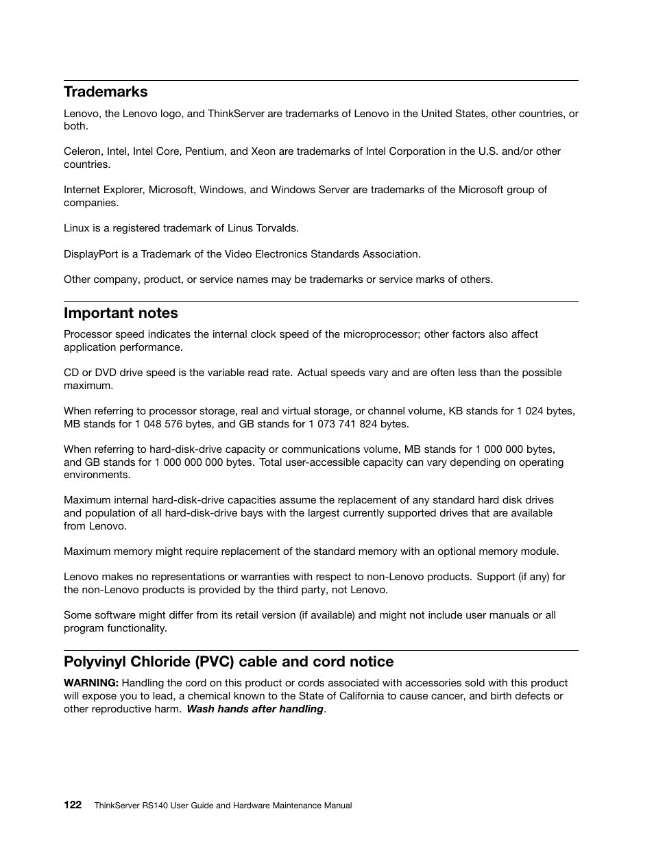 Trademarks, Important notes, Polyvinyl chloride (pvc) cable and cord notice | Lenovo ThinkServer RS140 User Manual | Page 134 / 146