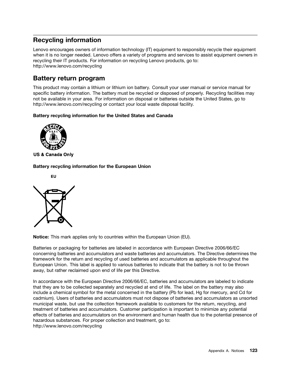 Recycling information, Battery return program | Lenovo ThinkServer RS140 User Manual | Page 135 / 146