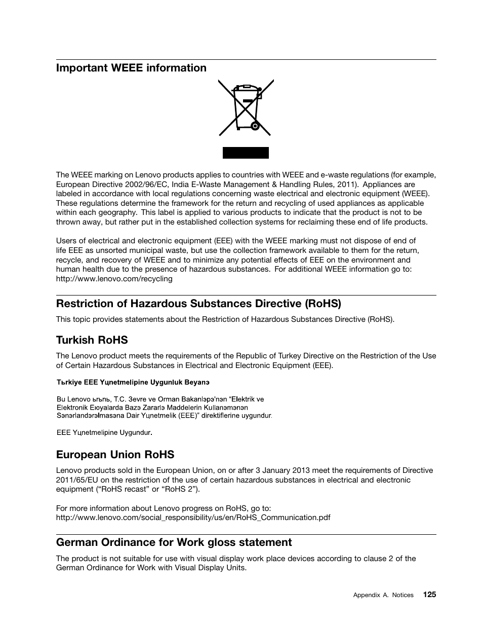 Important weee information, Turkish rohs, European union rohs | German ordinance for work gloss statement | Lenovo ThinkServer RS140 User Manual | Page 137 / 146