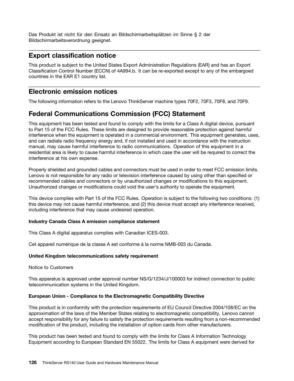 Export classification notice, Electronic emission notices, Federal communications commission (fcc) statement | Lenovo ThinkServer RS140 User Manual | Page 138 / 146