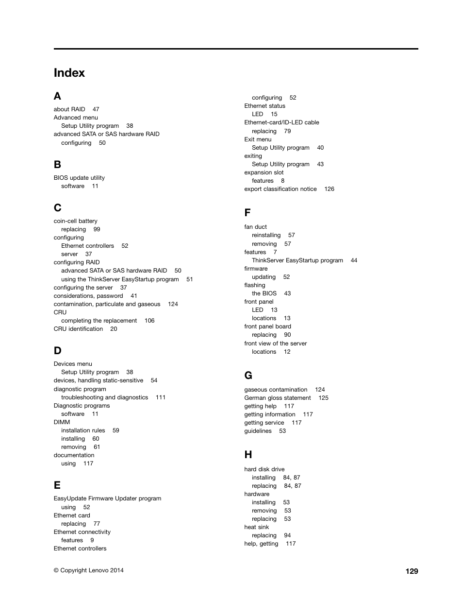 Index | Lenovo ThinkServer RS140 User Manual | Page 141 / 146