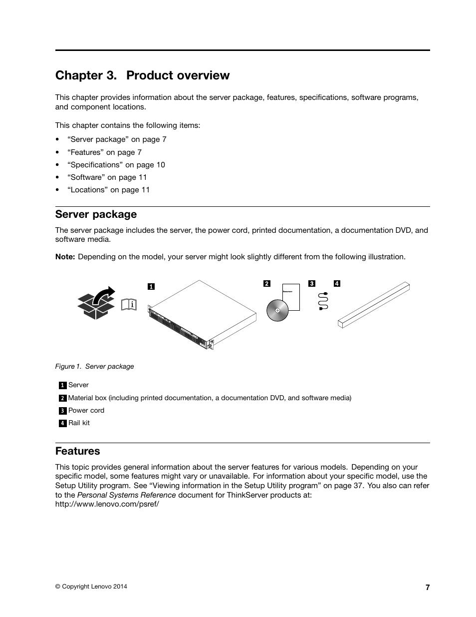 Chapter 3. product overview, Server package, Features | Lenovo ThinkServer RS140 User Manual | Page 19 / 146