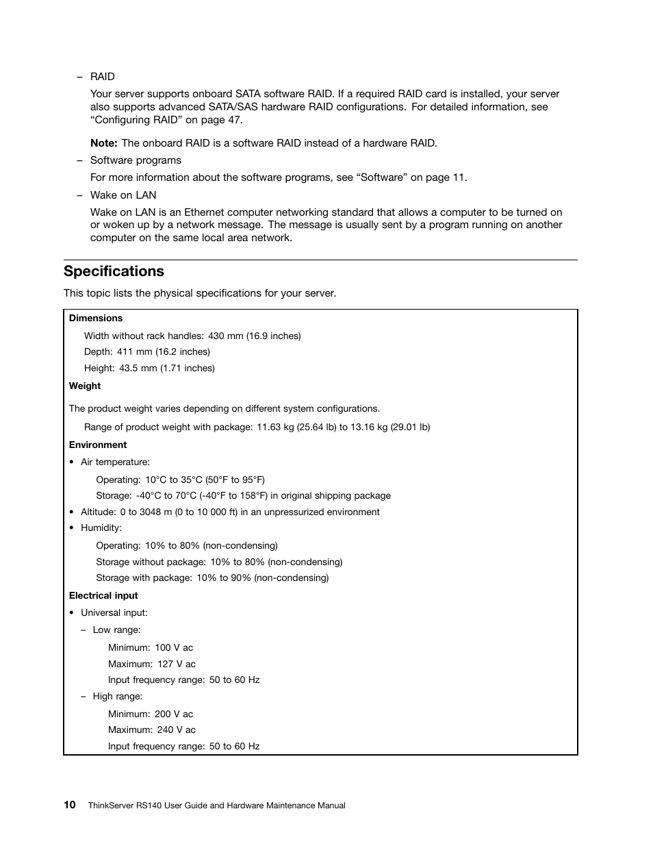 Specifications | Lenovo ThinkServer RS140 User Manual | Page 22 / 146