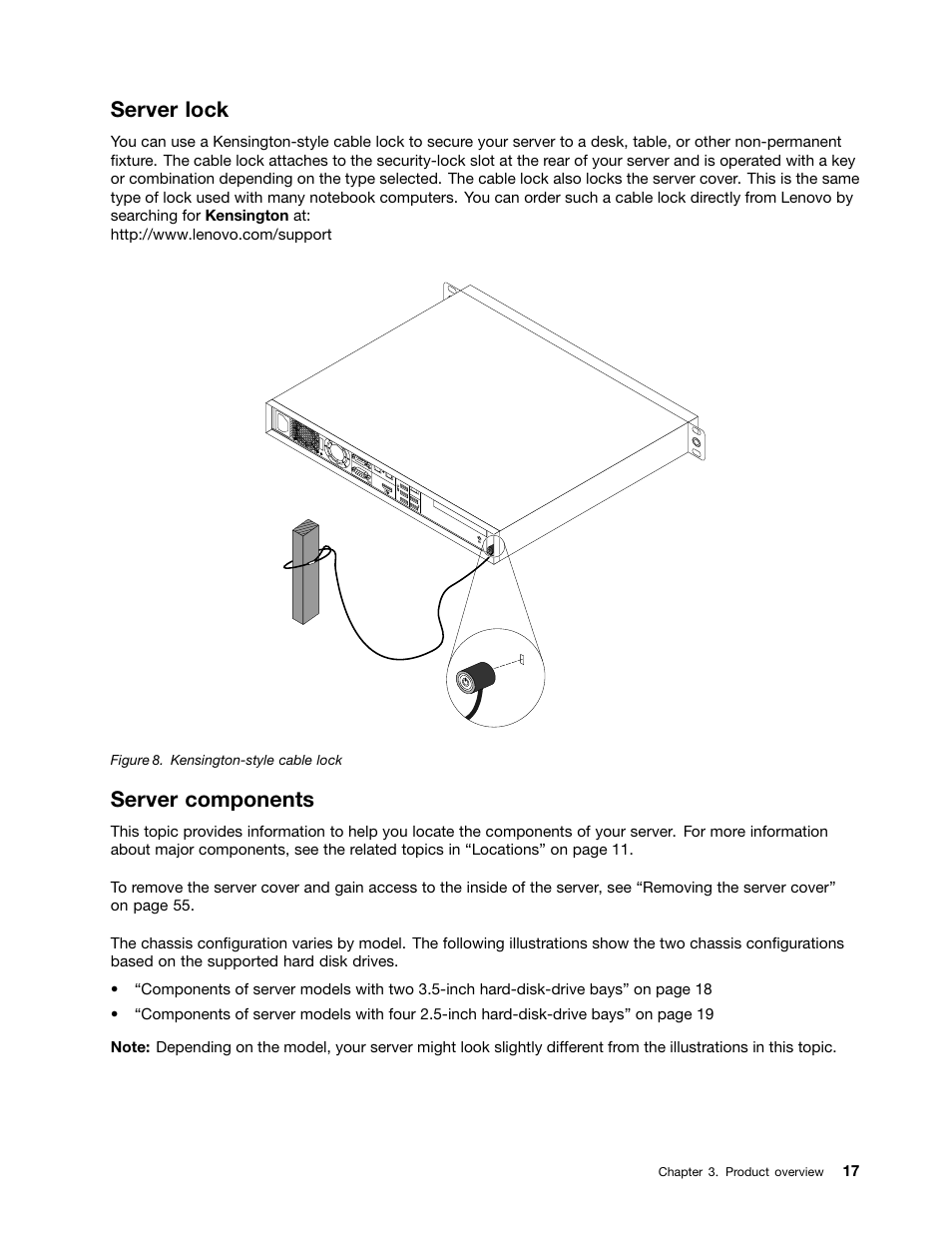 Server lock, Server components | Lenovo ThinkServer RS140 User Manual | Page 29 / 146