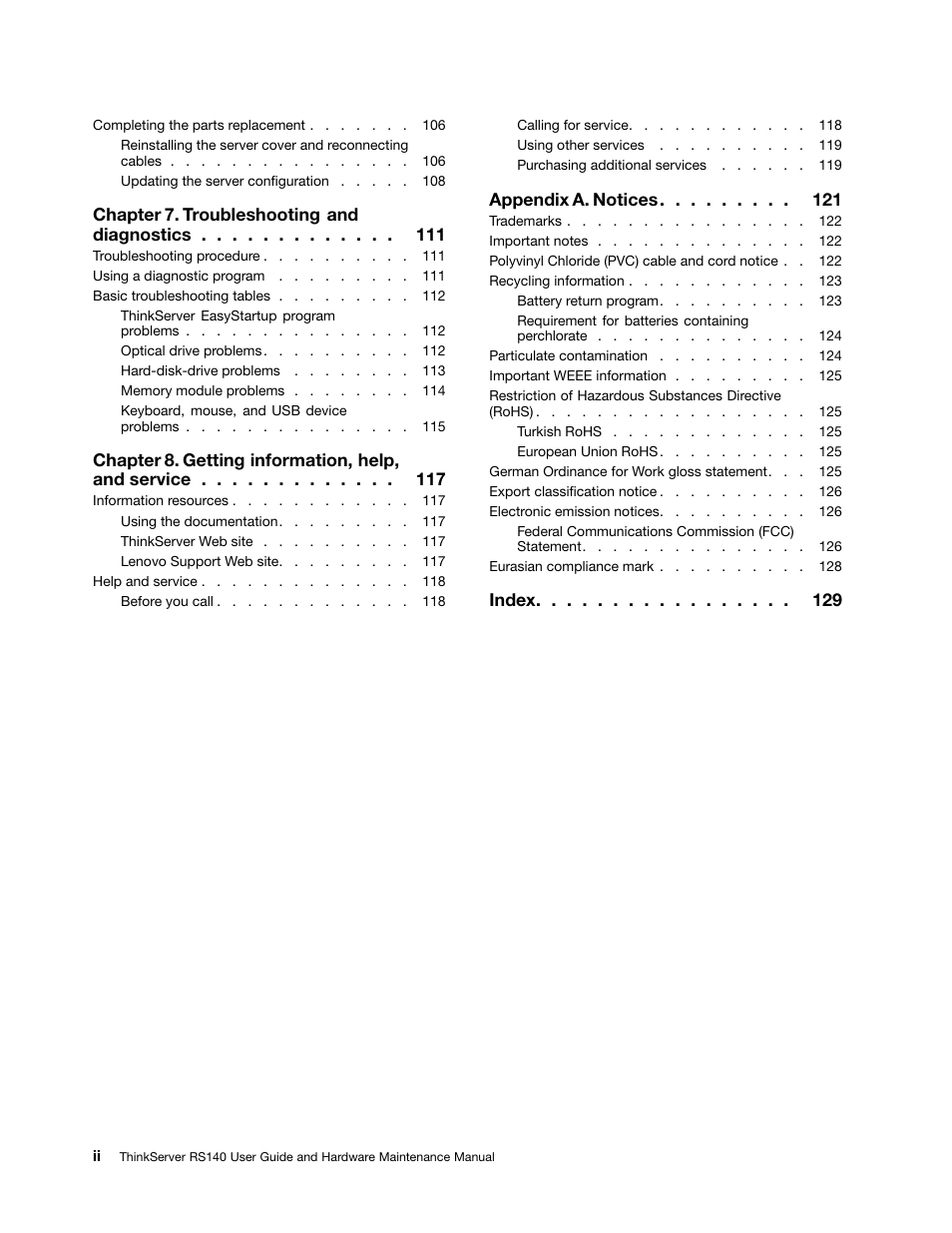 Chapter 7. troubleshooting and diagnostics, Chapter 8. getting information, help, and service, Appendix a. notices | Index | Lenovo ThinkServer RS140 User Manual | Page 4 / 146