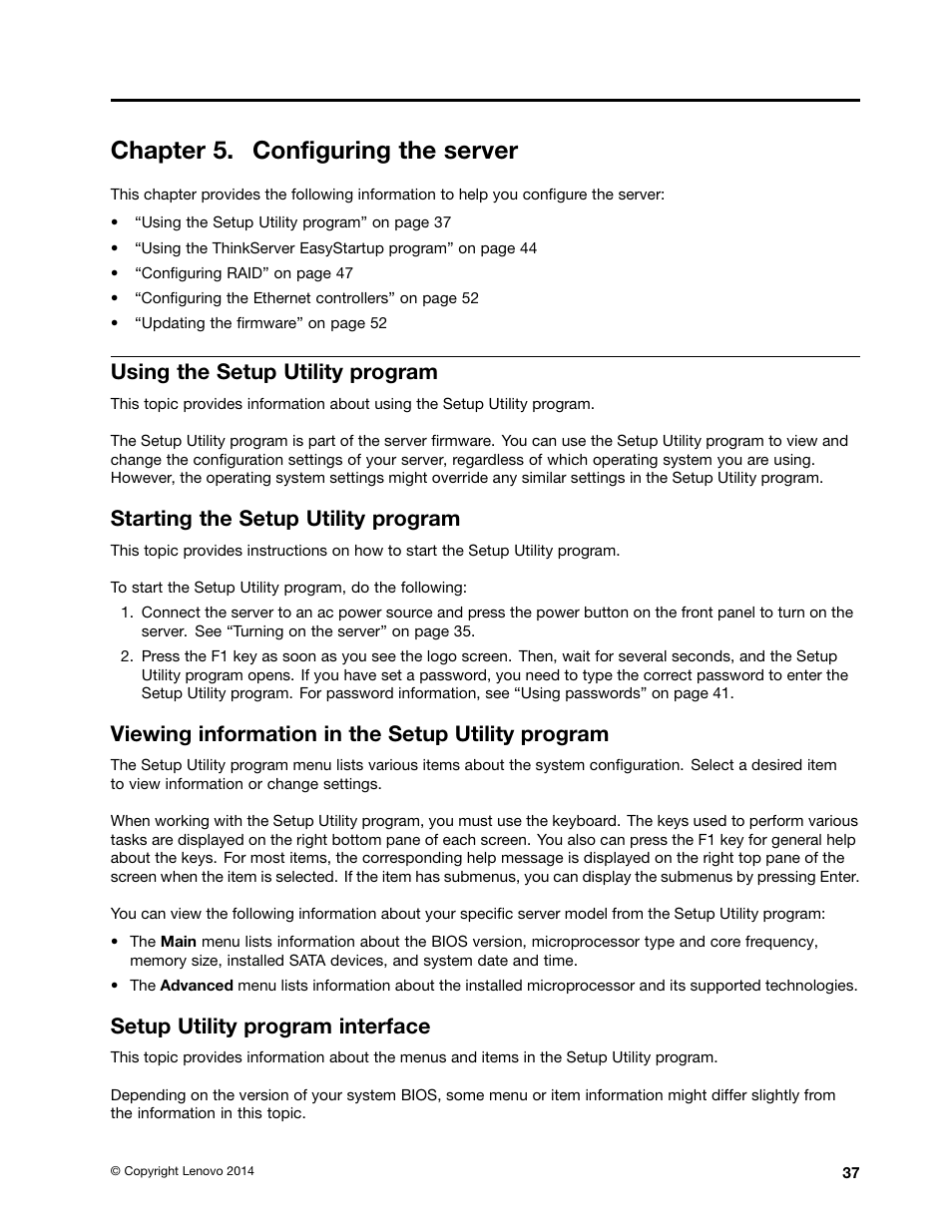 Chapter 5. configuring the server, Using the setup utility program, Starting the setup utility program | Viewing information in the setup utility program, Setup utility program interface | Lenovo ThinkServer RS140 User Manual | Page 49 / 146