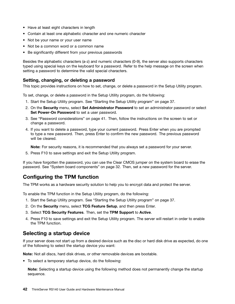 Configuring the tpm function, Selecting a startup device | Lenovo ThinkServer RS140 User Manual | Page 54 / 146