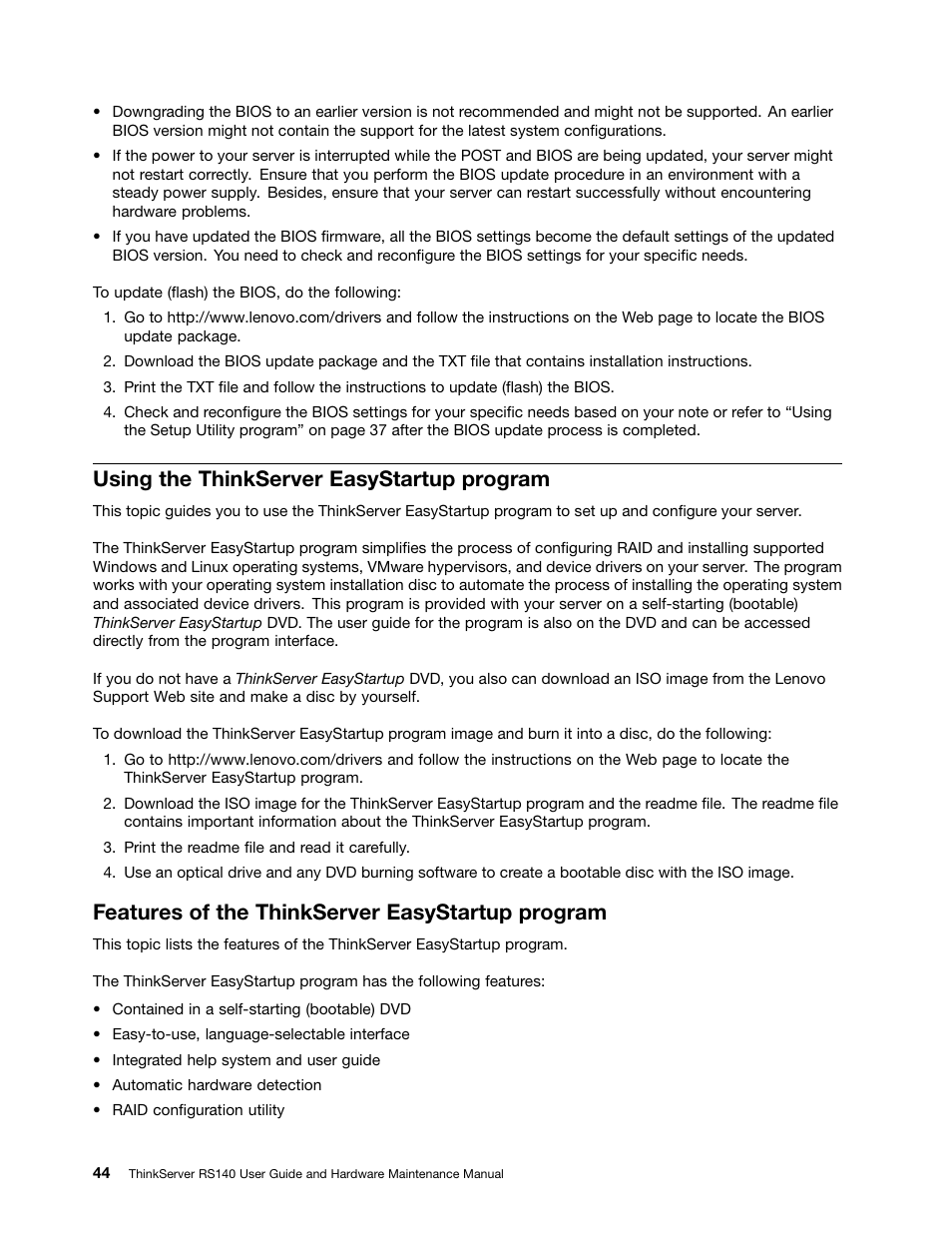 Using the thinkserver easystartup program, Features of the thinkserver easystartup program, Using the thinkserver | Lenovo ThinkServer RS140 User Manual | Page 56 / 146