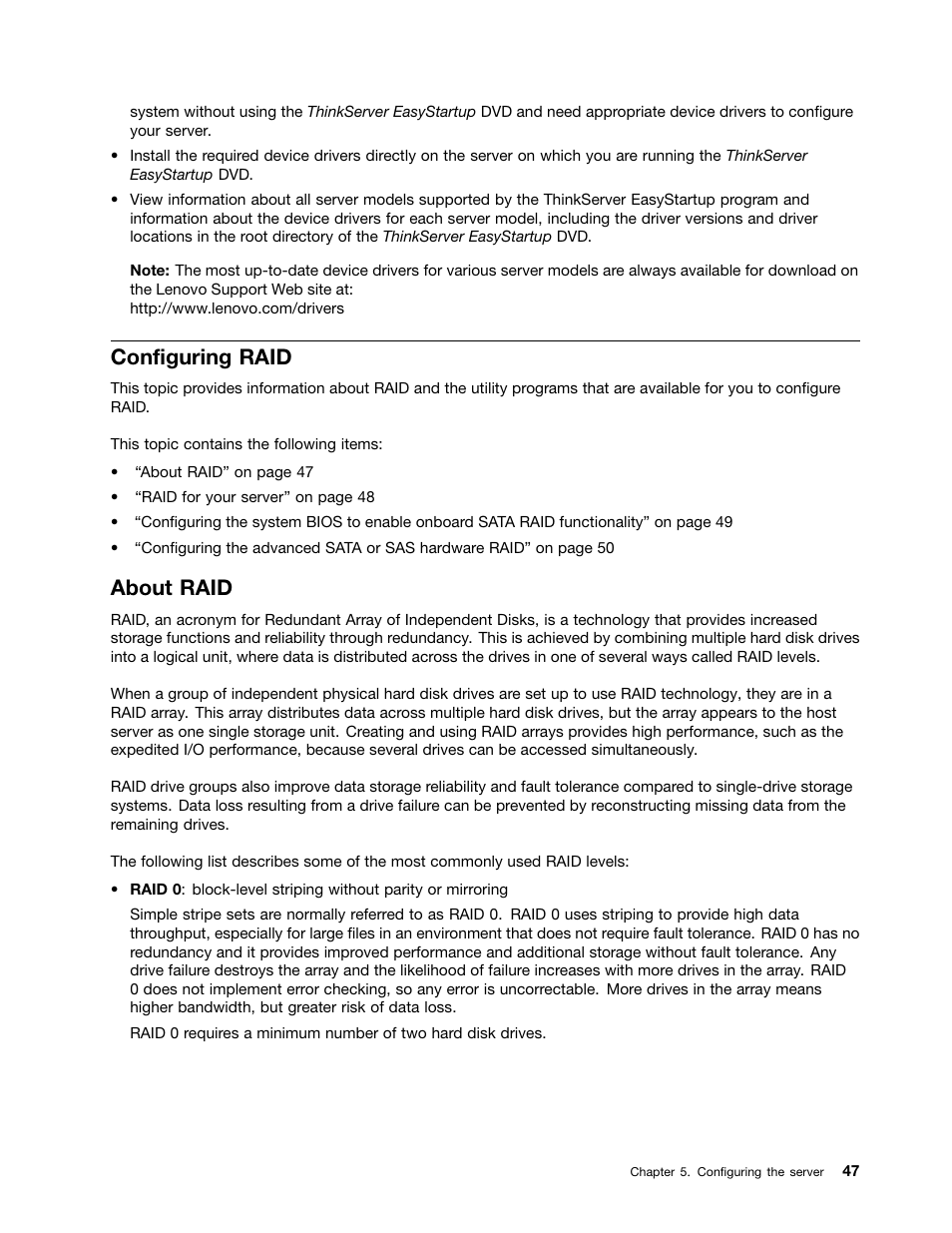 Configuring raid, About raid | Lenovo ThinkServer RS140 User Manual | Page 59 / 146