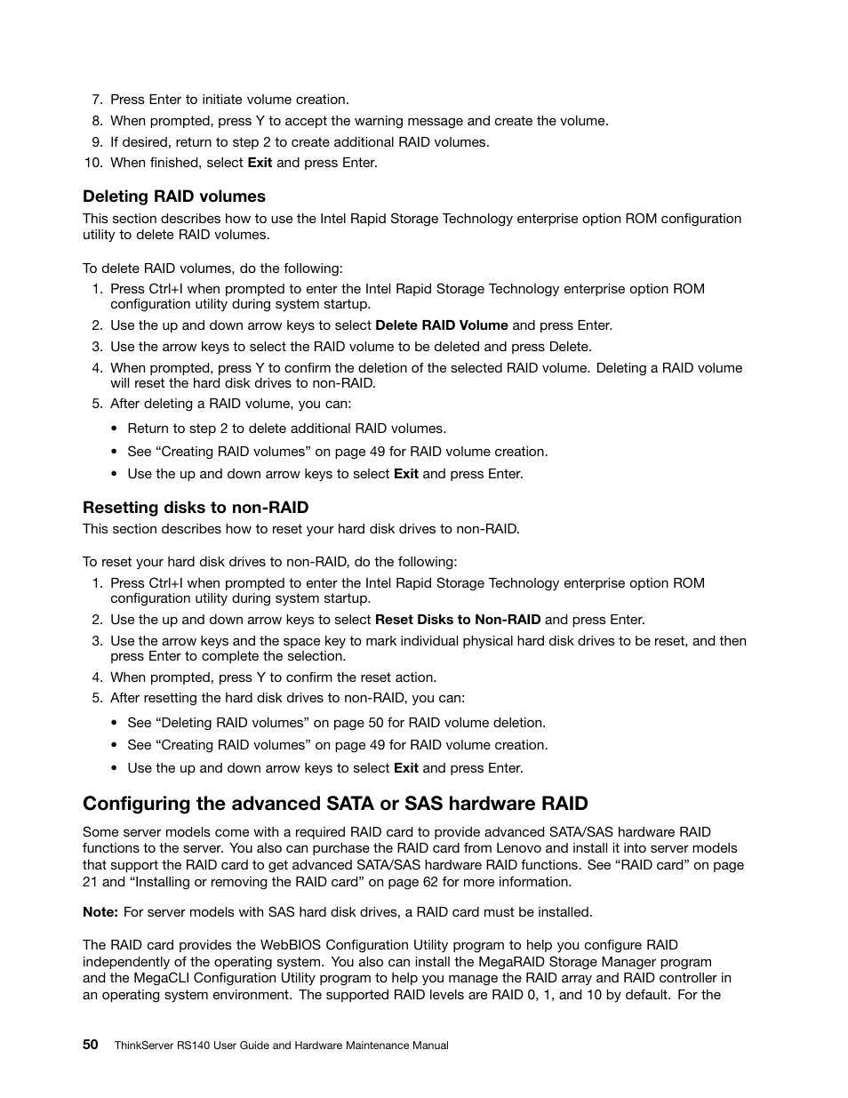 Configuring the advanced sata or sas hardware raid | Lenovo ThinkServer RS140 User Manual | Page 62 / 146