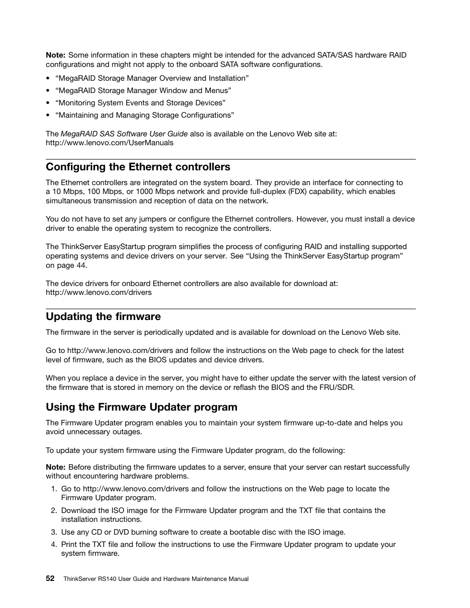 Configuring the ethernet controllers, Updating the firmware, Using the firmware updater program | Lenovo ThinkServer RS140 User Manual | Page 64 / 146