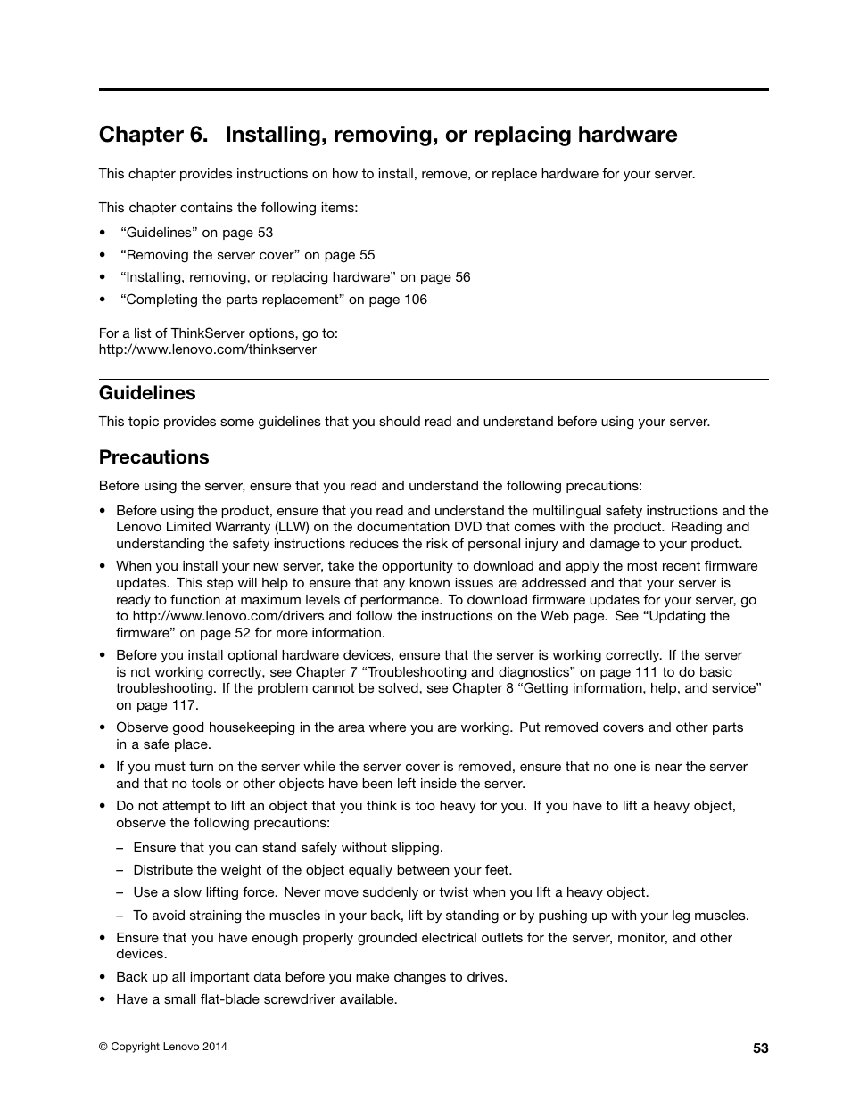 Guidelines, Precautions, Chapter 6 “installing, removing | Lenovo ThinkServer RS140 User Manual | Page 65 / 146