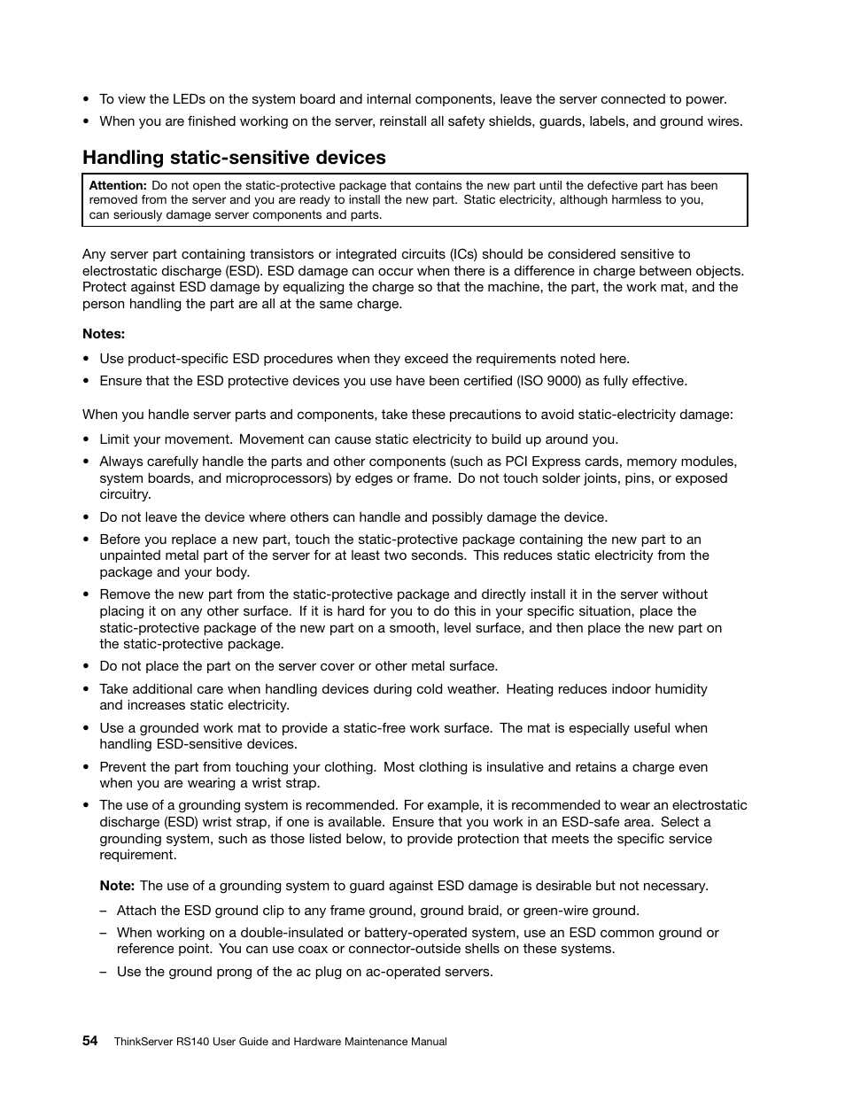 Handling static-sensitive devices | Lenovo ThinkServer RS140 User Manual | Page 66 / 146