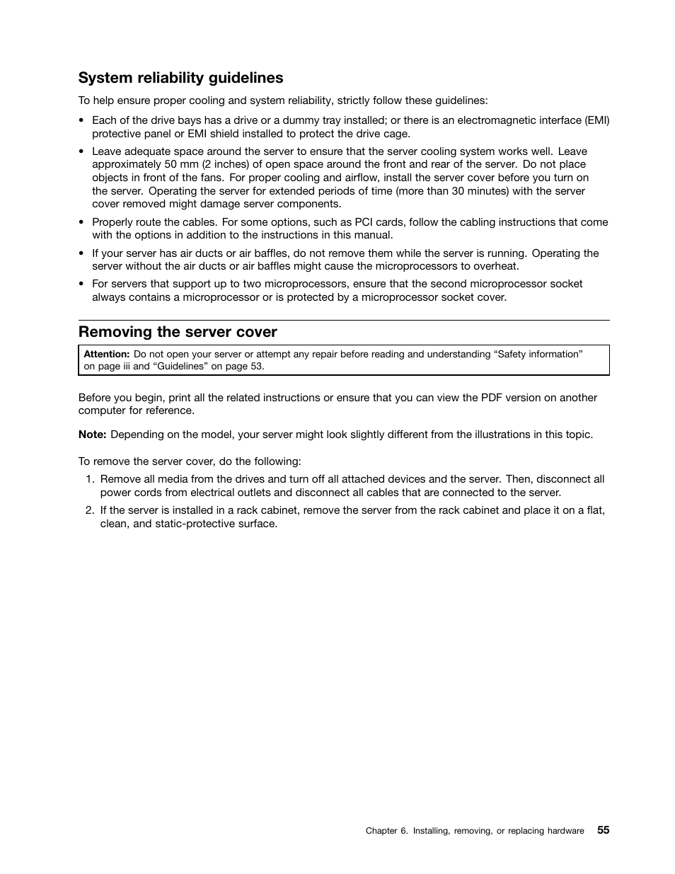 System reliability guidelines, Removing the server cover | Lenovo ThinkServer RS140 User Manual | Page 67 / 146