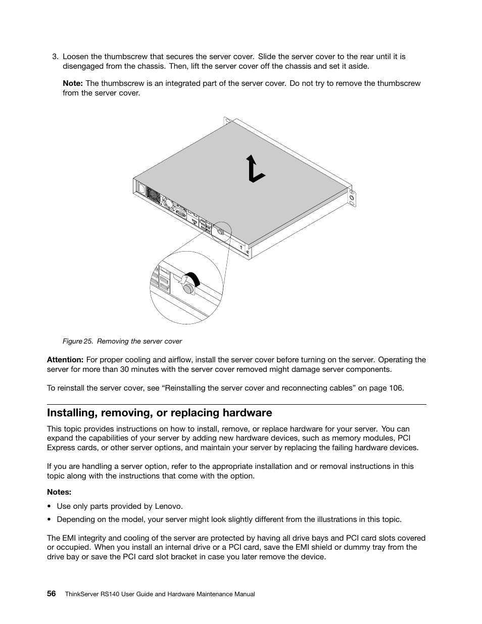 Installing, removing, or replacing hardware | Lenovo ThinkServer RS140 User Manual | Page 68 / 146