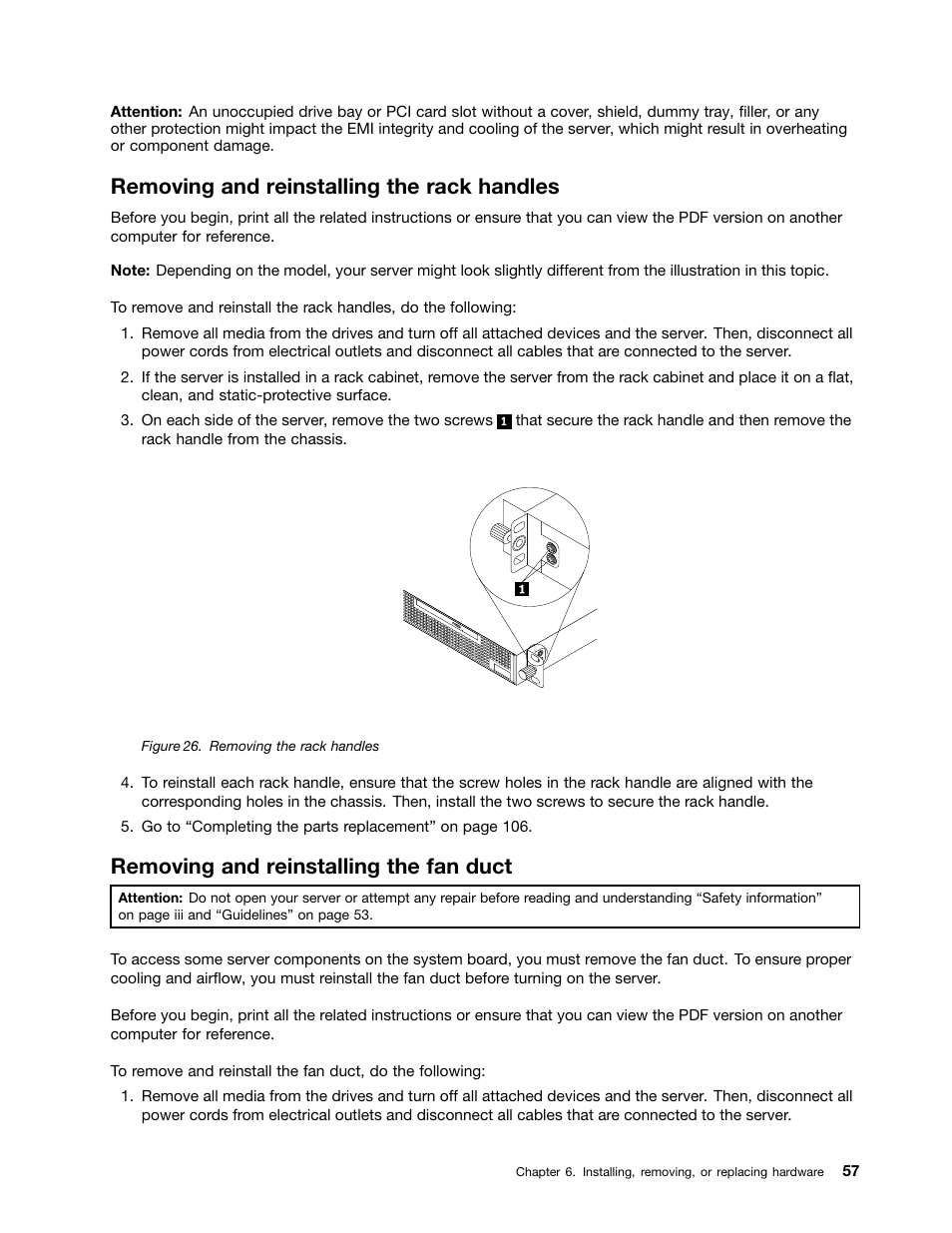 Removing and reinstalling the rack handles, Removing and reinstalling the fan duct | Lenovo ThinkServer RS140 User Manual | Page 69 / 146