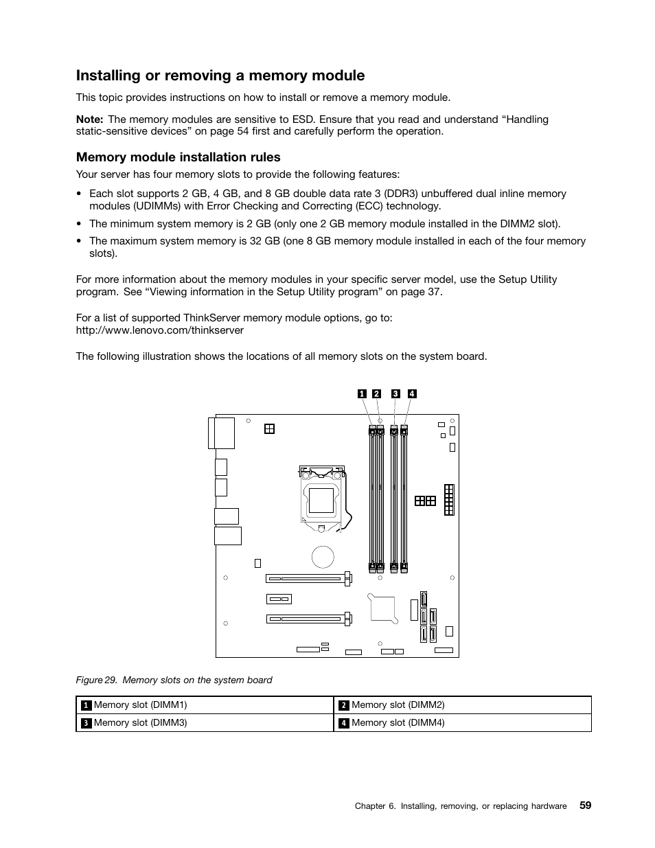 Installing or removing a memory module | Lenovo ThinkServer RS140 User Manual | Page 71 / 146