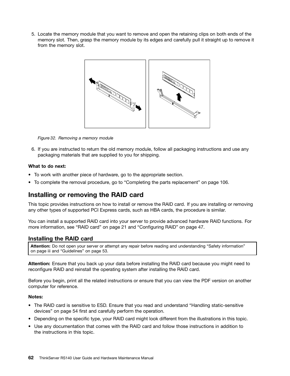 Installing or removing the raid card | Lenovo ThinkServer RS140 User Manual | Page 74 / 146