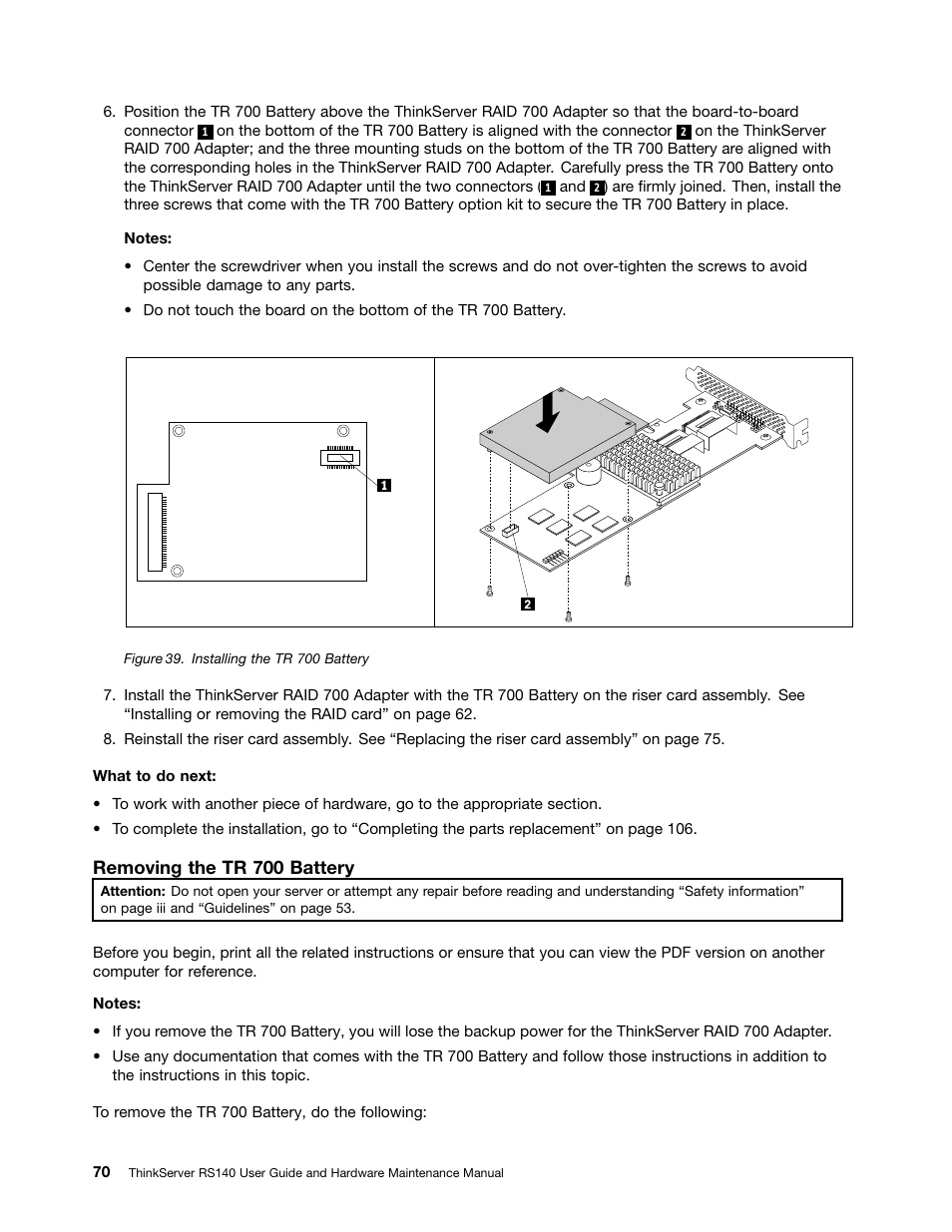 Removing the tr 700 battery | Lenovo ThinkServer RS140 User Manual | Page 82 / 146